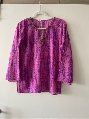 Beaded Neckline Pink & Purple Patterned Tunic